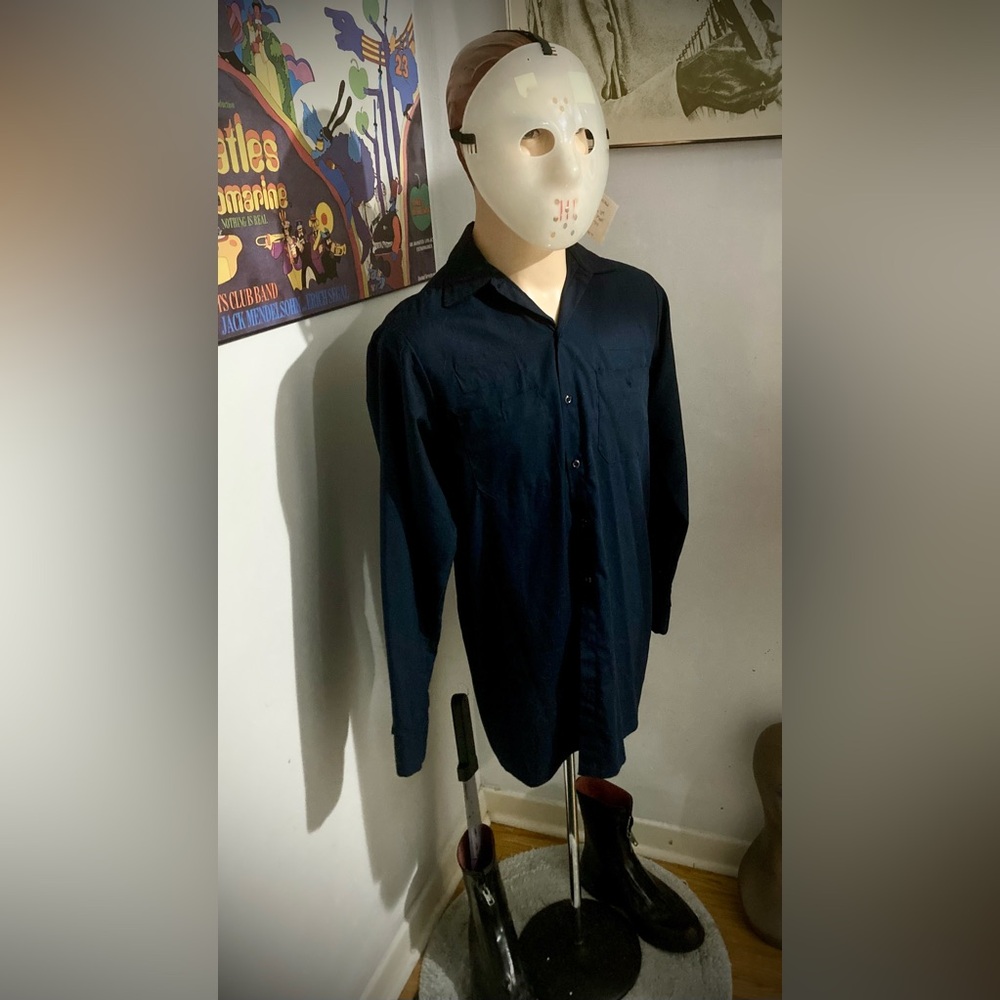 Vintage Curated Jason Voorhies Costume - 2 Masks, Work shirt, Toy Machete, Boots